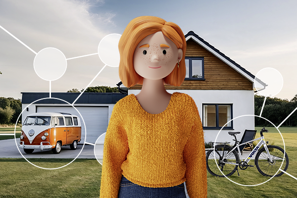 Lena steht vor einem Haus mit Garten, während weisse Verbindungslinien und Kreise verschiedene Elemente wie ein Auto und ein Motorrad hervorheben – sie symbolisieren vernetzte Lebensbereiche.