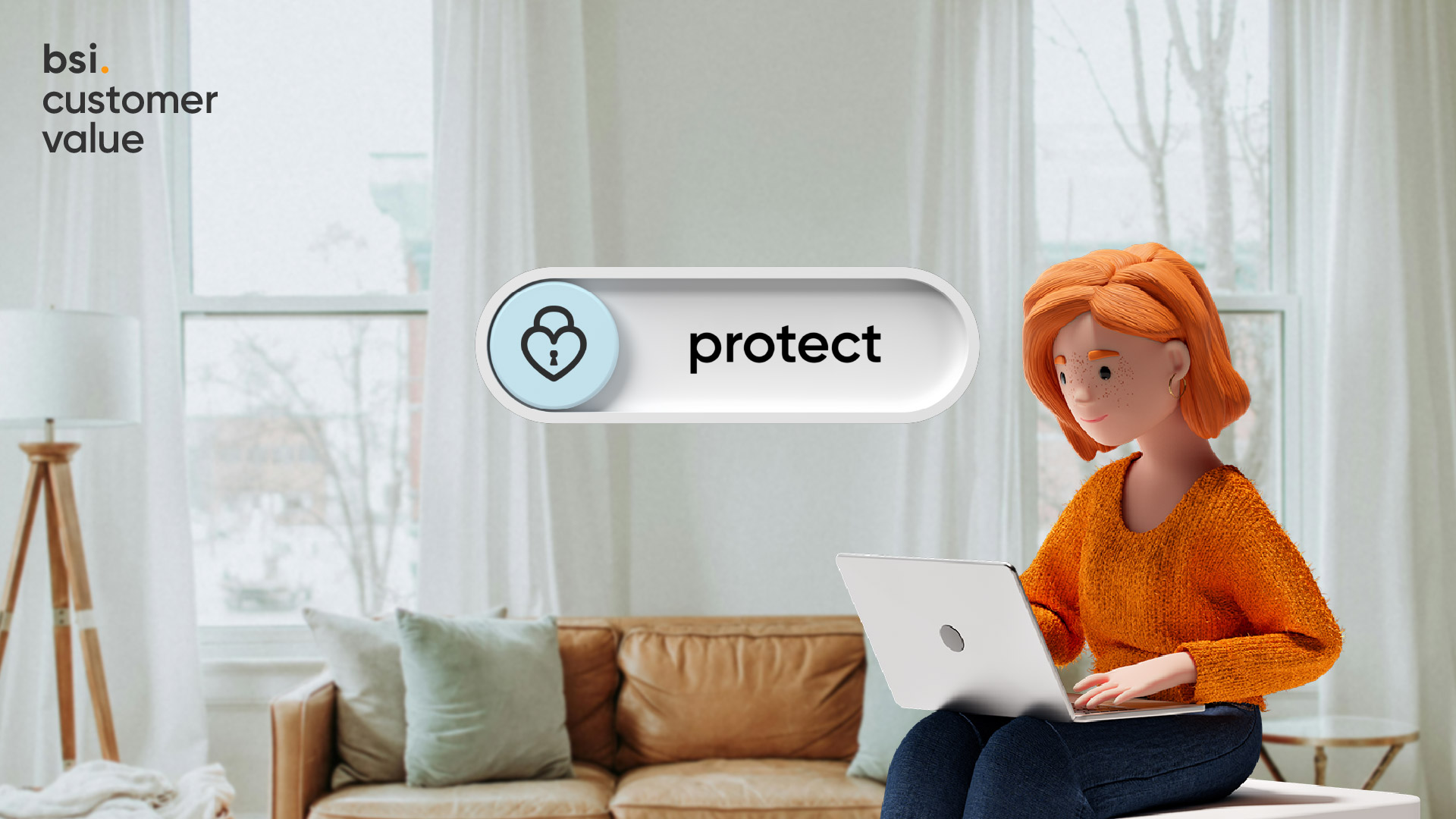 Illustration 3D d’une femme aux cheveux orange assise sur un canapé, travaillant sur un ordinateur portable dans un salon lumineux. À côté, un élément d’interface avec un symbole cœur-cadenas et le mot « protect ». Visualisation de BSI Customer Value et de la gestion de la relation client axée sur la protection des données clients.
