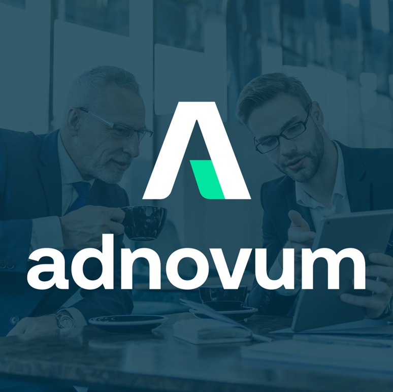 Two business professionals in a modern café reviewing information on a tablet, with the Adnovum logo prominently displayed in the foreground; a professional consulting scene focused on digital collaboration.