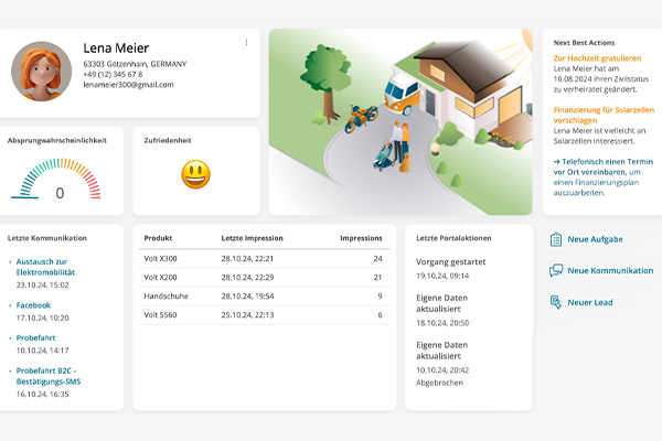 360° customer view in the CRM of the BSI Customer Suite - central dashboard with customer profile, contact history, satisfaction, product interest and next best actions for personalized customer care.