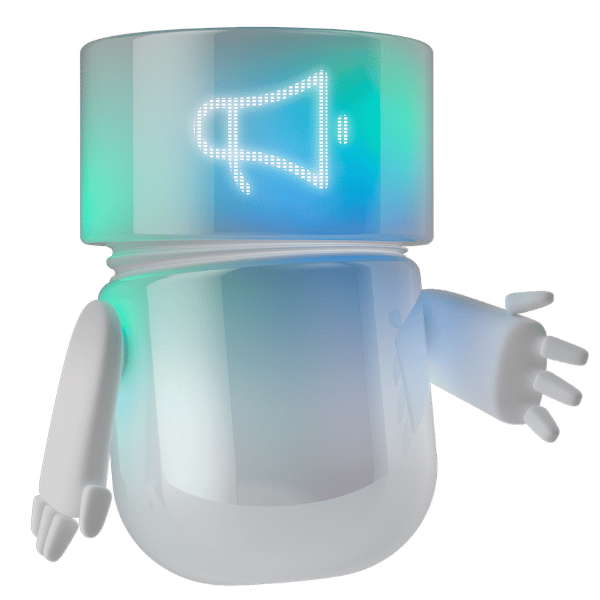 Weiss-blaugrüner 3D-BSI Marketing Agent mit leuchtendem Megafon-Symbol im transparenten Display und einladend ausgestreckter Hand. Die digitale Figur steht für automatisierte Marketing-Kampagnen, personalisierte Kundenkommunikation und Omnichannel Marketing mit BSI.