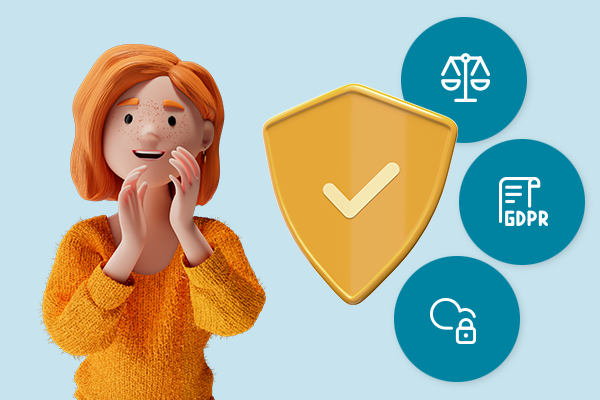 Lena expresses satisfaction with data security and compliance. Next to her are icons representing law, GDPR, and cloud security, along with a golden shield featuring a checkmark – symbolizing trust and protection.