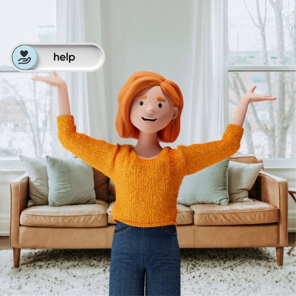 Lena Meier, die treue Kundin, steht mit offenen Armen in einem freundlichen Wohnzimmer – im Mittelpunkt steht der Wert «help» aus dem BSI Customer Value.