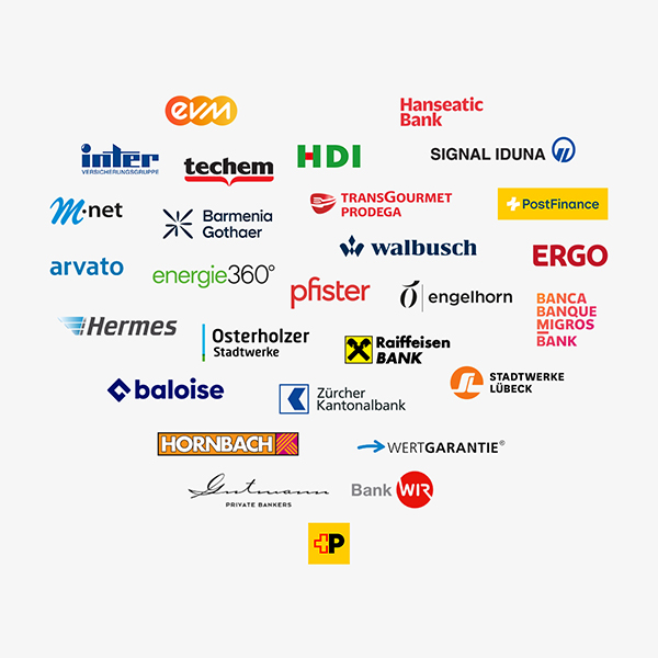 Collage of logos from BSI customers across various industries, including Hanseatic Bank, SIGNAL IDUNA, PostFinance, Walbusch, Hornbach, Raiffeisen Bank, Zürcher Kantonalbank, ERGO, Techem, Hermes, Pfister and many more – arranged in a heart shape on a light background.