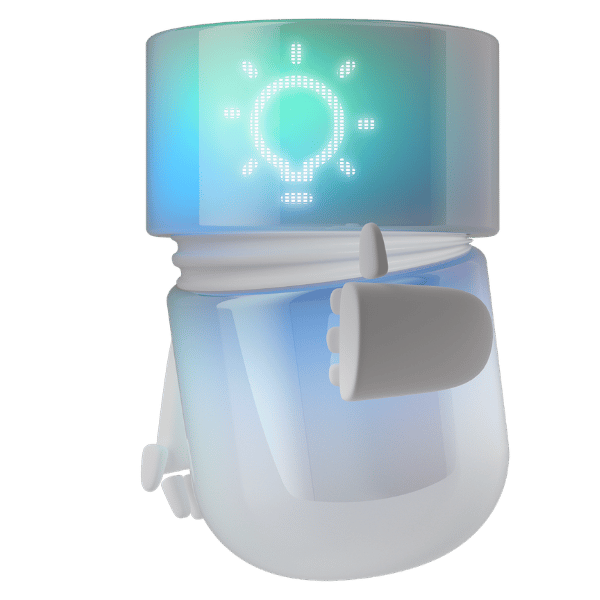 Weiss-blaugrüner 3D-BSI Agent mit leuchtendem Glühbirnen-Symbol im transparenten Display und erhobenem Daumen. Die digitale Figur steht für intelligente Ideen, hilfreiche Empfehlungen, Innovation und erfolgreiche Lösungen mit BSI.