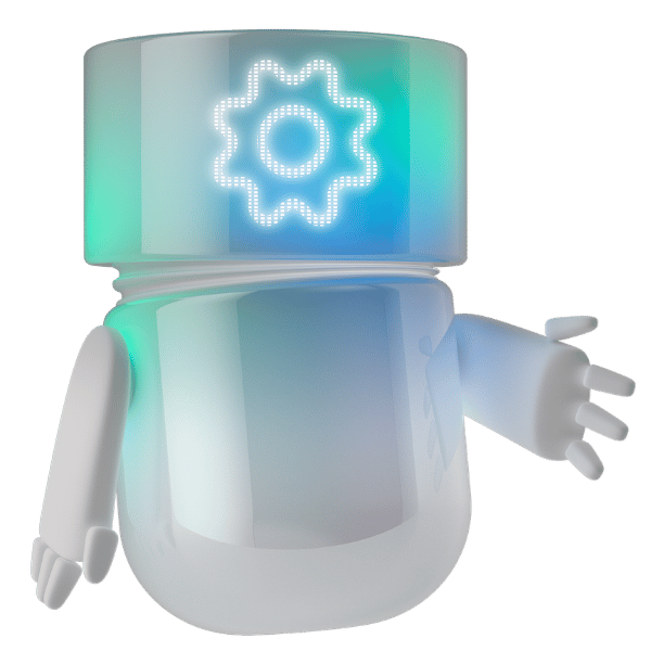 Weiss-blaugrüner 3D-BSI Agent mit leuchtendem Zahnrad-Symbol im transparenten Display und einladend ausgestreckter Hand. Die digitale Figur steht für intelligente Automatisierung, effiziente Workflows und die Konfiguration digitaler Geschäftsprozesse mit BSI.